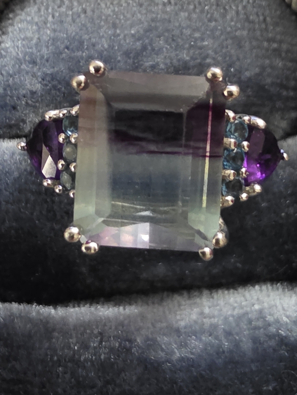 925 Silver Fluorite,amethyst, Topaz Ring